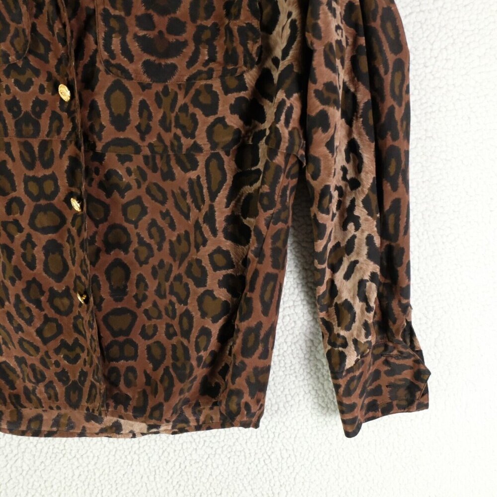 Vintage Shirt Womens 6 Brown Gold Leopard Animal Print Silk Button Up 80s - Picture 3 of 10